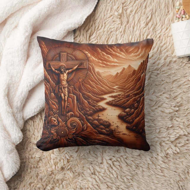 Jesus Crucifixion in Serene Mountain Landscape Throw Pillow (Blanket)