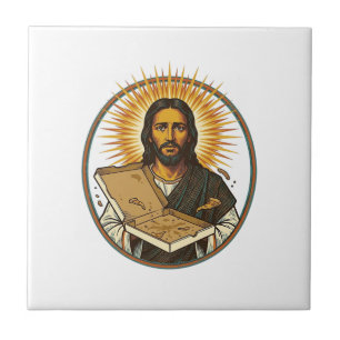 Jesus Deceived By Empty Pizza Box Party Food Humor Ceramic Tile