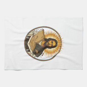 Jesus Deceived By Empty Pizza Box Party Food Humor Kitchen Towel