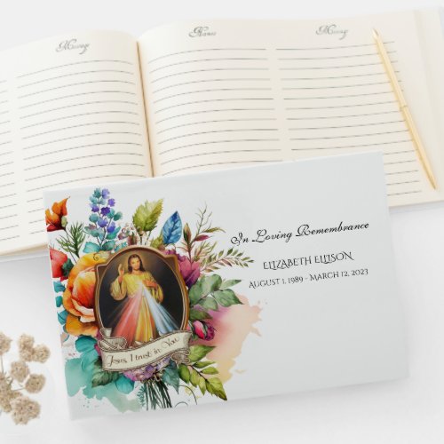 Jesus Divine Mercy Floral Memorial Funeral Guest Book