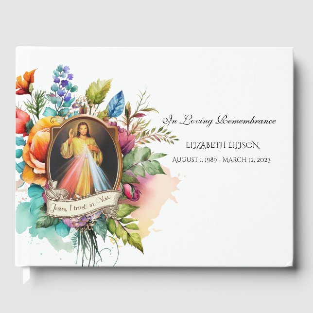 Jesus Divine Mercy Floral Memorial Funeral Guest Book (Front)