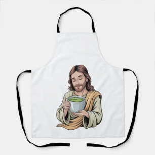 Jesus Drinking Matcha Drink Christian Apron