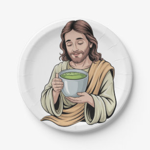 Jesus Drinking Matcha Drink Christian Paper Plates
