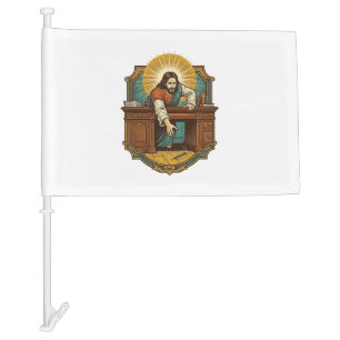 Jesus Dropped Pen Behind Heavy Desk Clumsy Humor_1 Car Flag