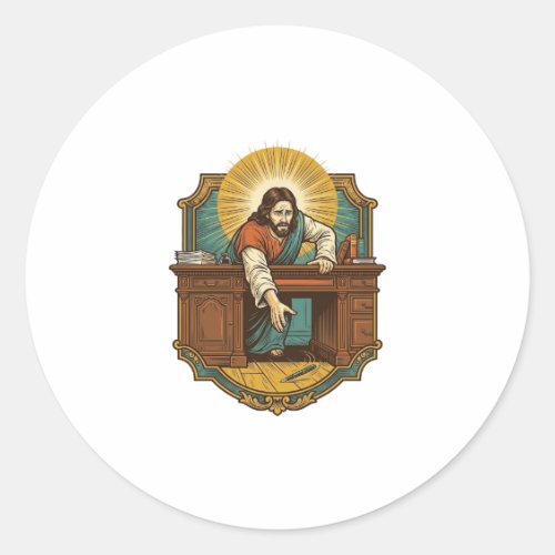 Jesus Dropped Pen Behind Heavy Desk Clumsy Humor_1 Classic Round Sticker