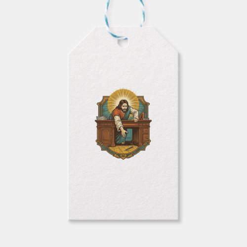 Jesus Dropped Pen Behind Heavy Desk Clumsy Humor_1 Gift Tags