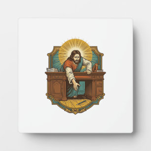Jesus Dropped Pen Behind Heavy Desk Clumsy Humor_1 Plaque