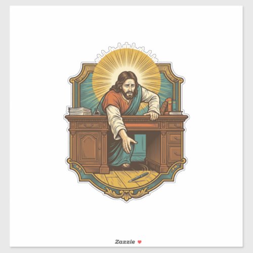 Jesus Dropped Pen Behind Heavy Desk Clumsy Humor_1 Sticker