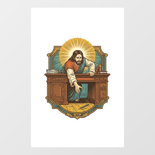 Jesus Dropped Pen Behind Heavy Desk Clumsy Humor_1 Window Cling