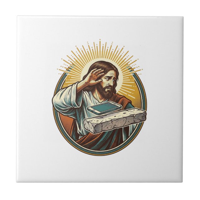 Jesus Dropped Phone Face Flat Concrete Panic Scree Ceramic Tile (Front)