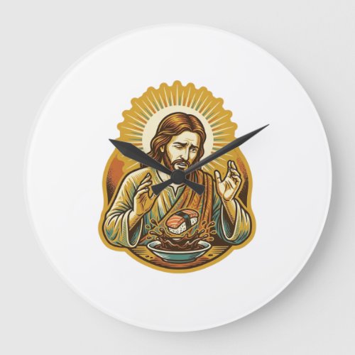 Jesus Dropped Sushi In Soy Sauce Splatter Food Hum Large Clock