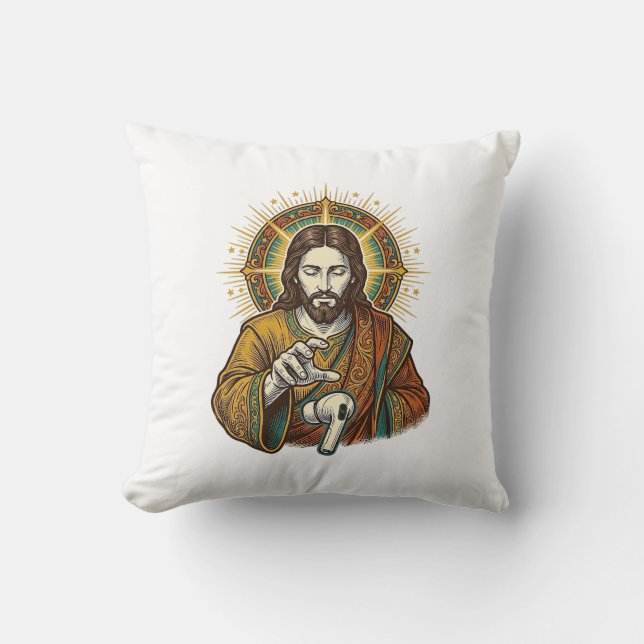 Jesus Dropped Wireless Earbud Under Desk Tech Clum Throw Pillow (Front)