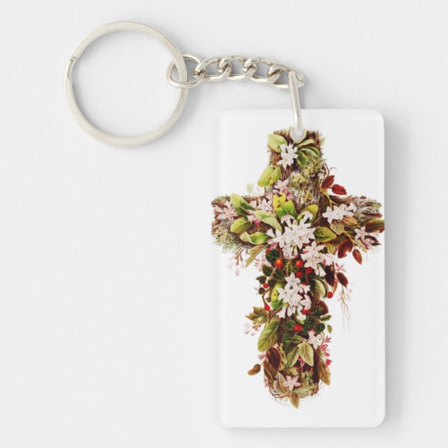 Jesus Easter Sunday Flowering cross  Keychain (Front)