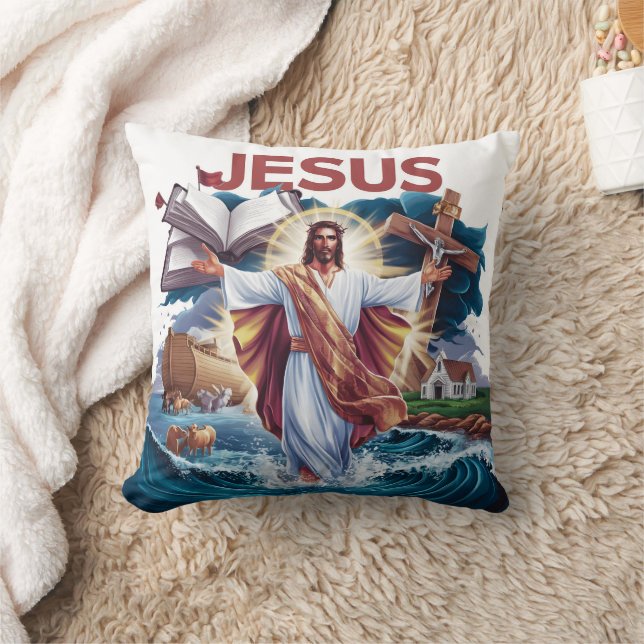 Jesus embracing creation on stormy waters throw pillow (Blanket)