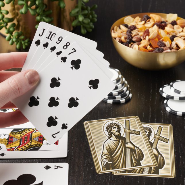 Jesus Embracing Golden Cross with Compassion Poker Cards (In Situ)