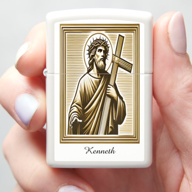 Jesus Embracing Golden Cross with Compassion Zippo Lighter (In Hand)