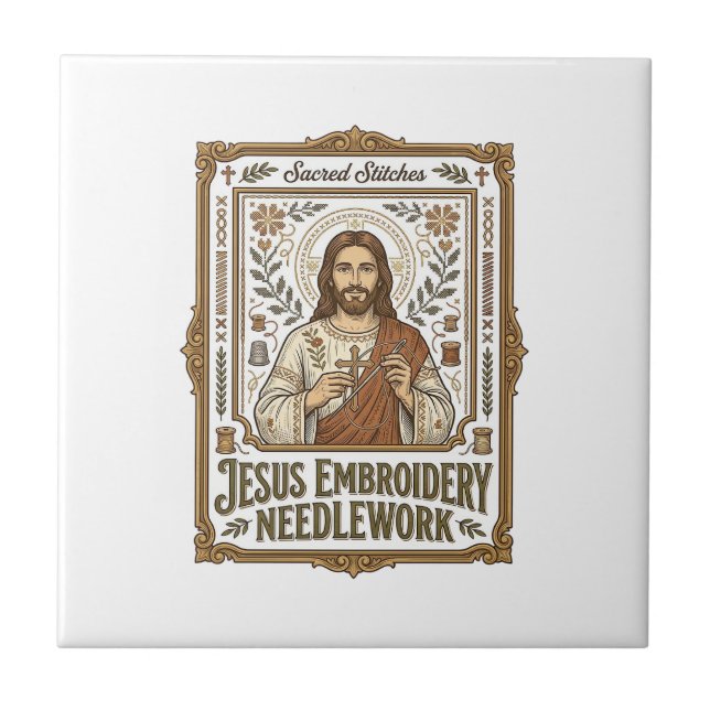Jesus Embroidery Needlework Jesus Embroidery Needl Ceramic Tile (Front)