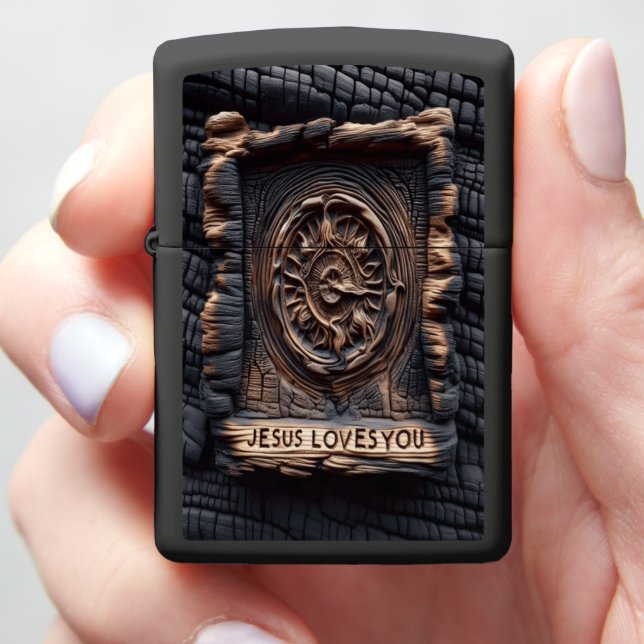 Jesus Emotional Burnt Wood Carving Zippo Lighter (In Hand)