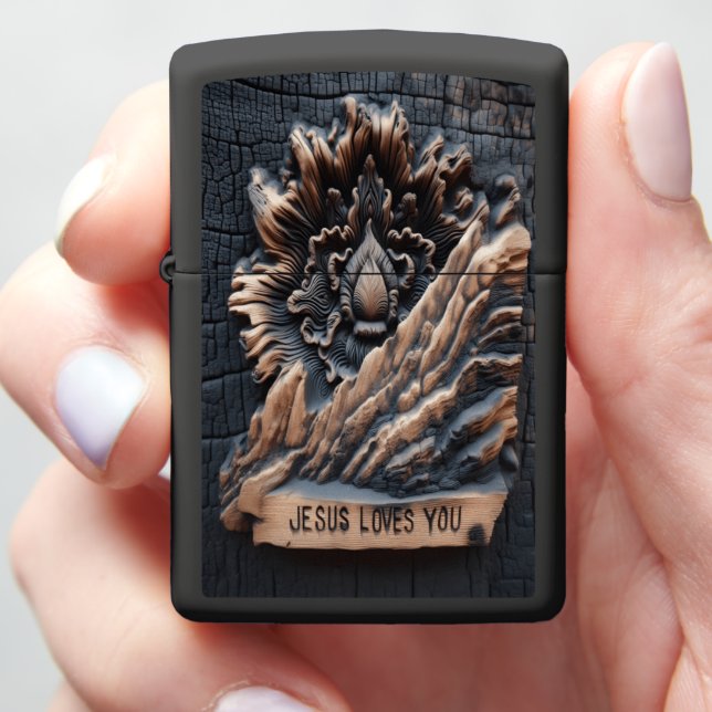 Jesus Engraved Message on Burnt Wood Piece Zippo Lighter (In Hand)