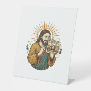 Jesus Eyes Closed Tagged Group Photo Unflattering Pedestal Sign