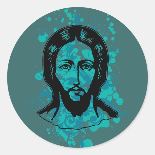 Jesus face black focused splash bg classic round sticker (Front)