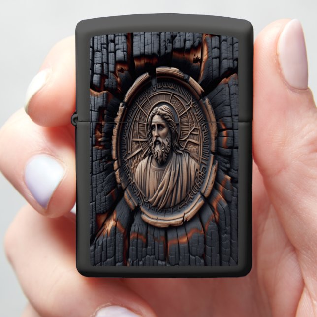 Jesus Figured Wood Carving Zippo Lighter (In Hand)