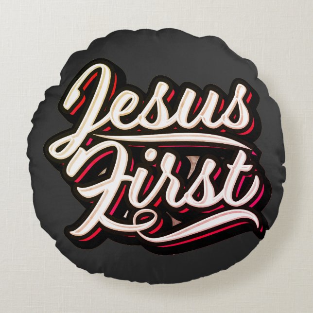 Jesus First 70's Style Round Pillow (Front)