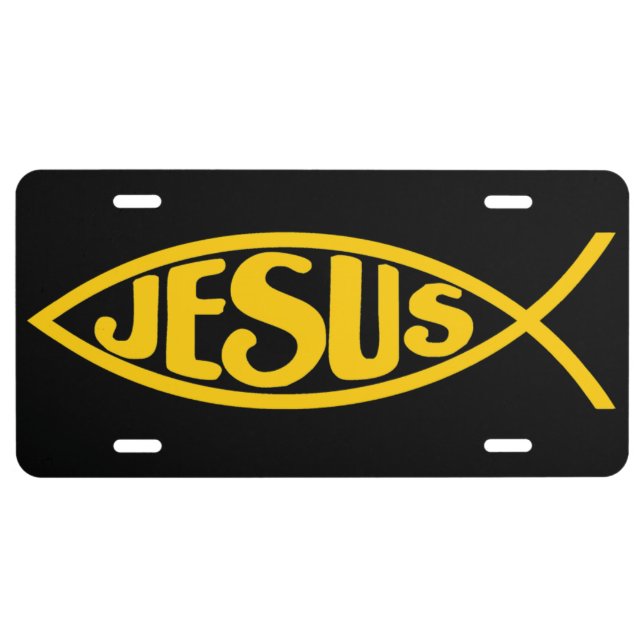 JESUS FISH - BLACK AND GOLD ICHTHYS CHRISTIAN LICENSE PLATE (Front)