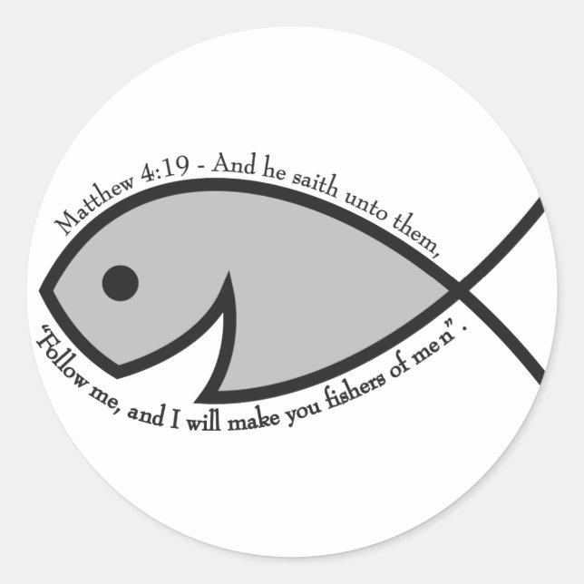 Jesus fish BW Matthew 4 19.png Classic Round Sticker (Front)