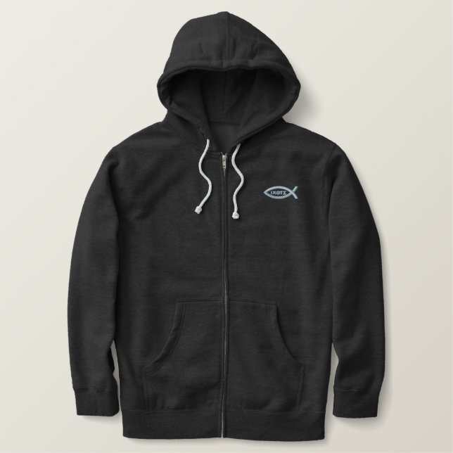 Jesus Fish Christian Symbol Embroidered Hoodie (Design Front)