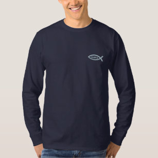 Jesus Fish Christian Symbol Embroidered Long Sleeve T-Shirt