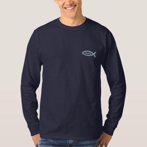 Jesus Fish Christian Symbol Embroidered Long Sleeve T_Shirt