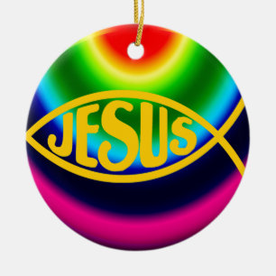 JESUS FISH ICHTHYS CHRIST RAINBOW CERAMIC ORNAMENT
