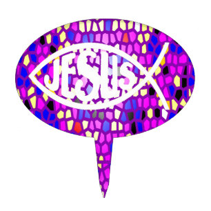 JESUS FISH ICHTHYS STAINED GLASS WINDOW PURPLE CAKE TOPPER