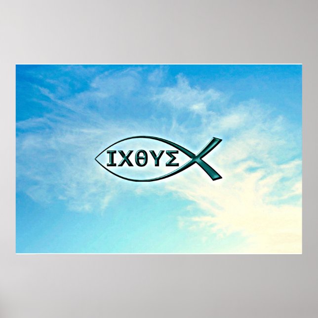 Jesus Fish on blue sky background Poster (Front)