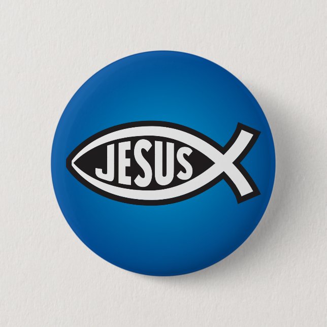 Jesus Fish Secret Symbol Ichthys ΙΧΘΥΣ Blue Button (Front)