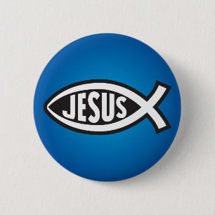 Jesus Fish Secret Symbol Ichthys ΙΧΘΥΣ Blue Button