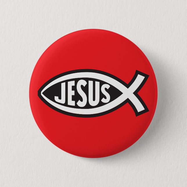 Jesus Fish Secret Symbol Ichthys ΙΧΘΥΣ God Son Red Button (Front)