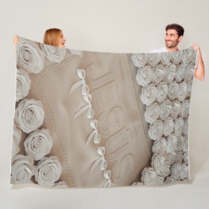 JESÚS Fleece & Sherpa Blanket – White Roses &