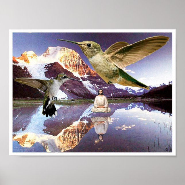 Jesus floating over water meditating over lake poster (Front)