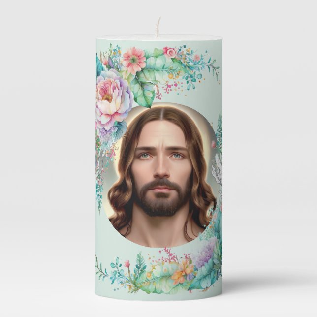 Jesus Floral Prayer for Home Protection Pillar Candle (Front)