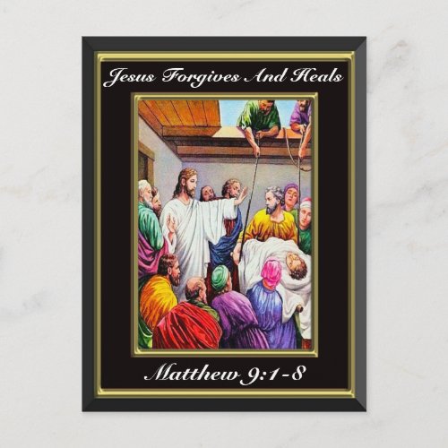 Jesus Forgives and Heals Matthew 91_8 black Postcard