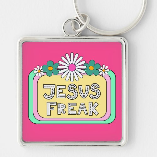 Jesus Freak mint  pink retro frame with daisies Keychain
