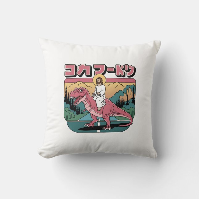 Jesus Funny Memes, Jesus Rides A Pink Dinosaurs Throw Pillow (Front)