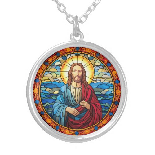 Jesus God Christian Stained Glass Silver Plated Necklace