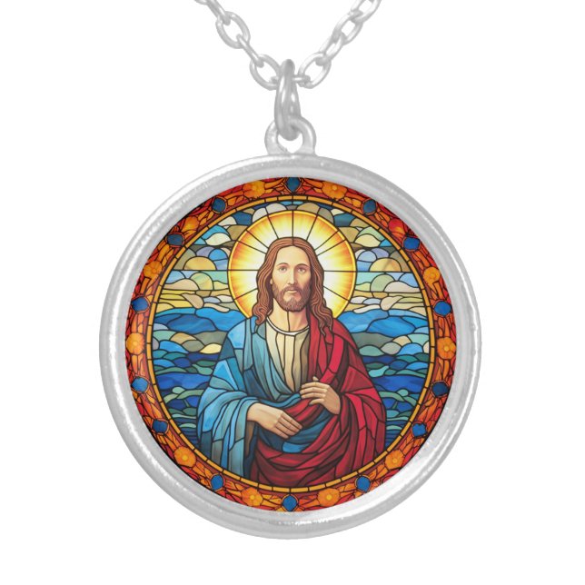 Jesus God Christian Stained Glass Silver Plated Necklace (Front)