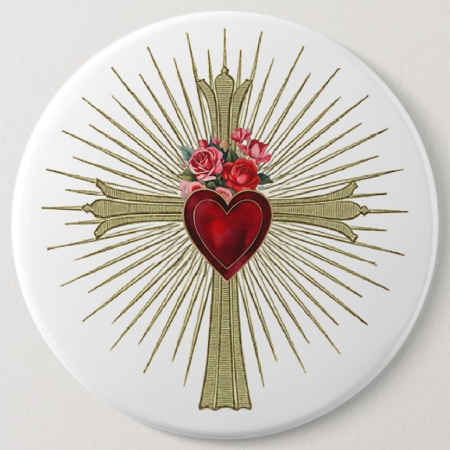 Jesus Gold Cross red heart and roses love Button (Front)