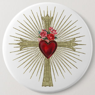 Jesus Gold Cross red heart and roses love Button