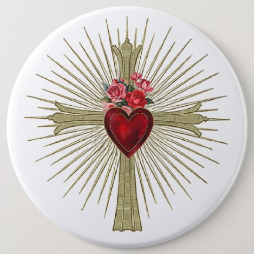 Jesus Gold Cross red heart and roses love Button