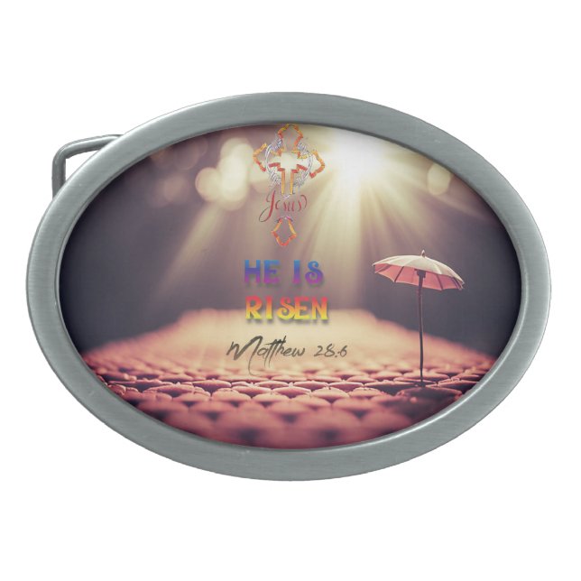 Jesus Golden Cross He Is Risen Matthew 28:6 Belt Buckle (Front)